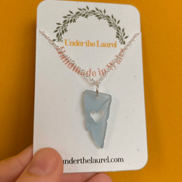 Carved Heart Sea Glass Necklace Blue and Silver