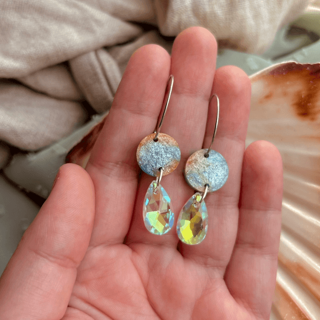 Circle Holographic Hoop Earrings With Glass Teardrop Charms Stainless Steel