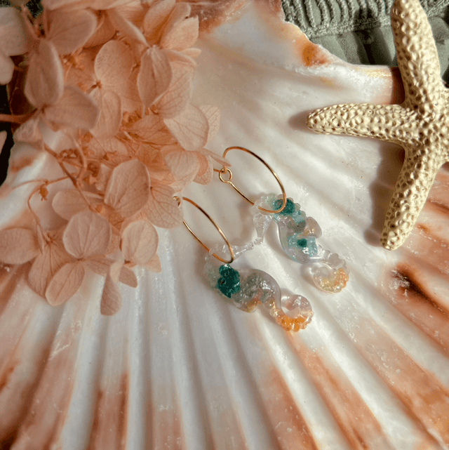 Seahorse Hoop Earrings Gold Plated Style Teal