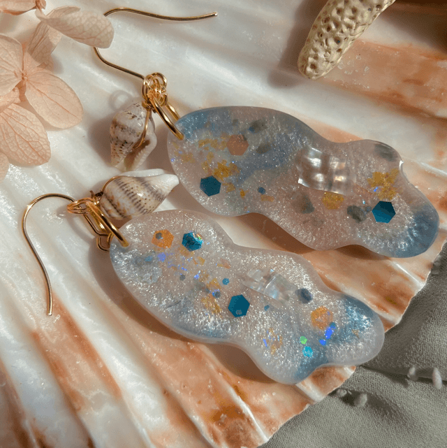 Wave Statement Hook Earrings with Real Shells Gold Plated