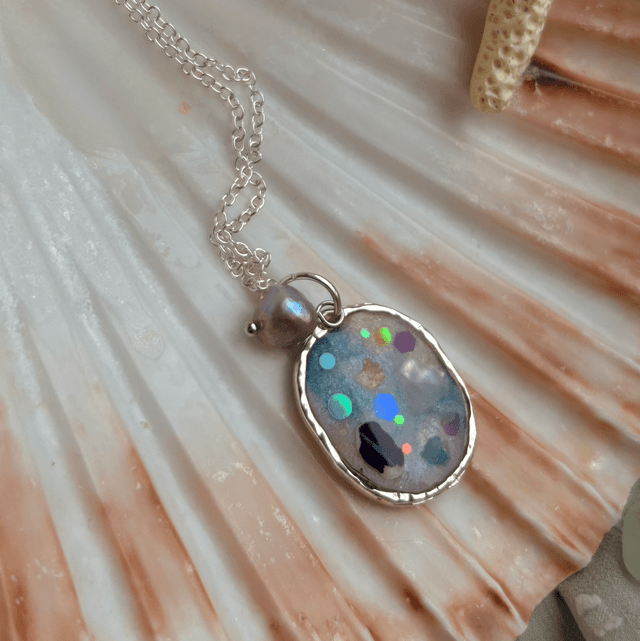 Oval Necklace with Freshwater Pearl Silver Plated Bezel