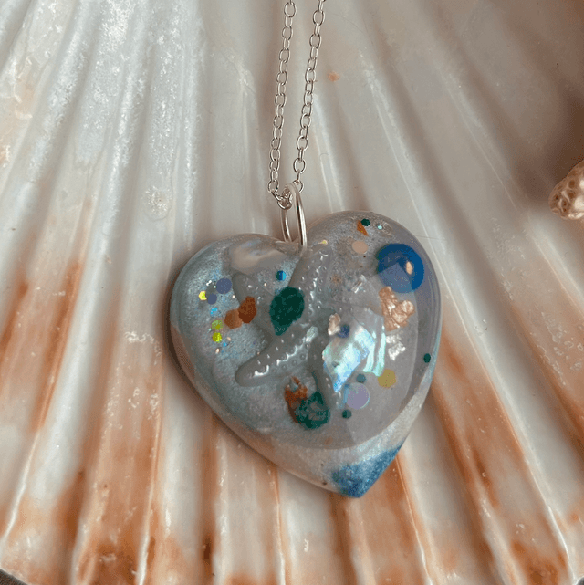 Large Heart Necklace with Starfish and Silver Plated Chain 