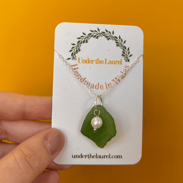 Green Sea Glass Necklace with Pearl and Silver Plated Chain