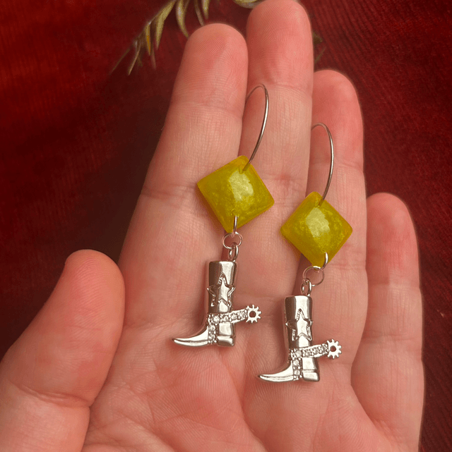 Silver and Lime Green Cowboy Boot Earrings