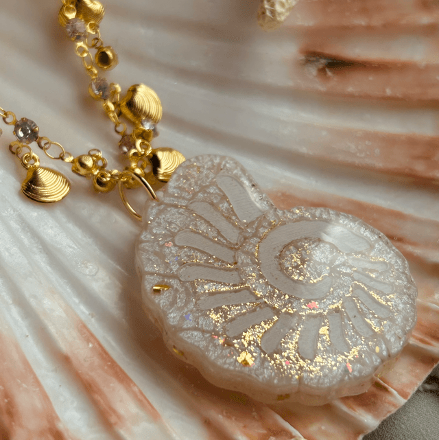 Gold and White Nautilus Shell Statement Necklace with Shell and Cubic Zirconia Chain