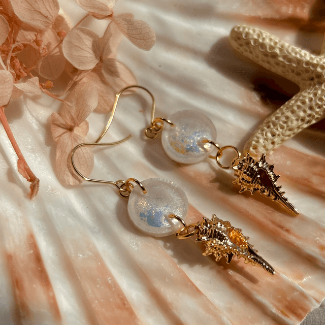 White and Iridescent Shell Hook Earrings Gold Plated