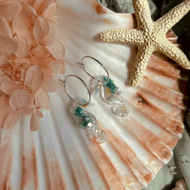 Seahorse Hoop Earrings Stainless Steel Teal