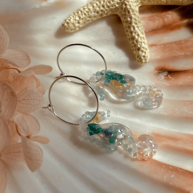 Seahorse Hoop Earrings Stainless Steel Teal