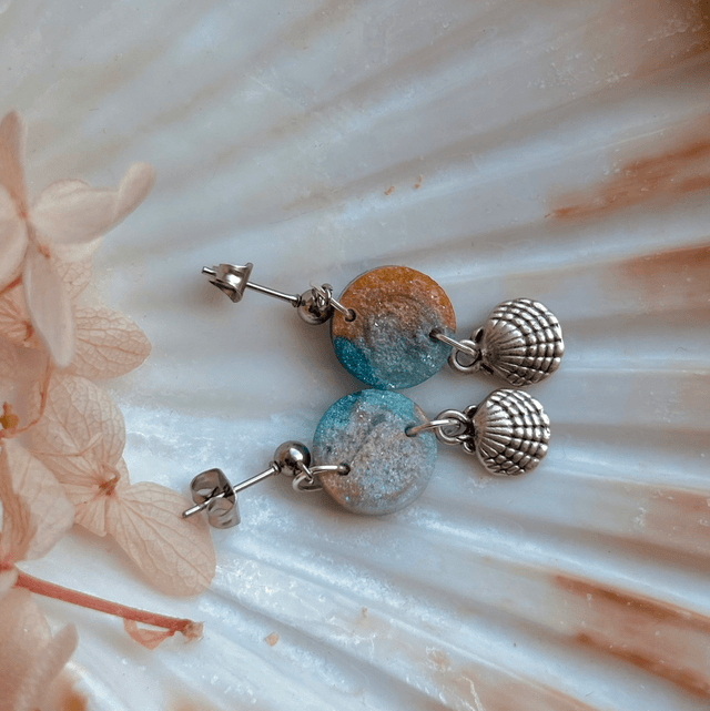 Circular Stud Earrings Holographic With Shell Charms Stainless Steel