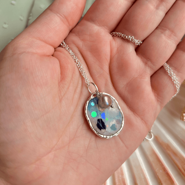 Oval Necklace with Freshwater Pearl Silver Plated Bezel