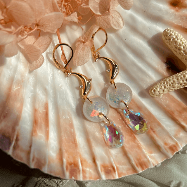 Whale Earrings with Holographic face and Gold plated Lever Back Ear Wires