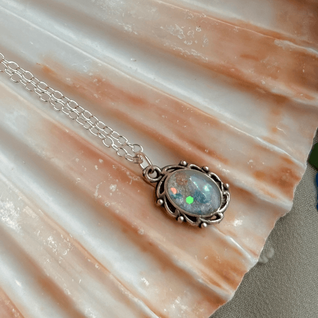 Tiny Ornate Necklace Silver Plated Bezel