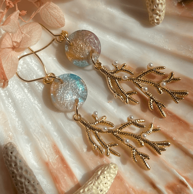 Coral Hook Earrings Holographic front Gold Plated