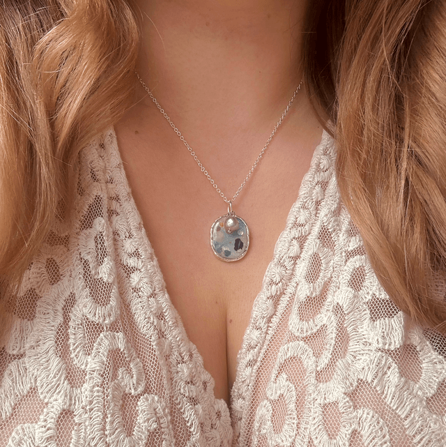 Oval Necklace with Freshwater Pearl Silver Plated Bezel