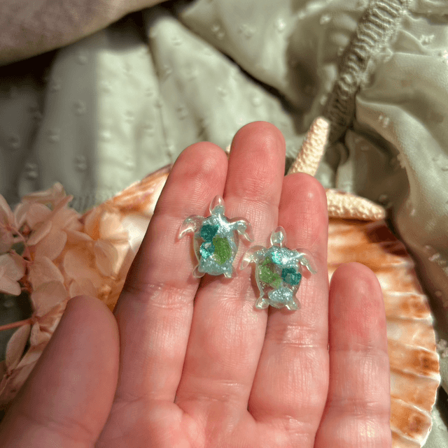 Turtle Stud Earrings with Sea Glass Style 2