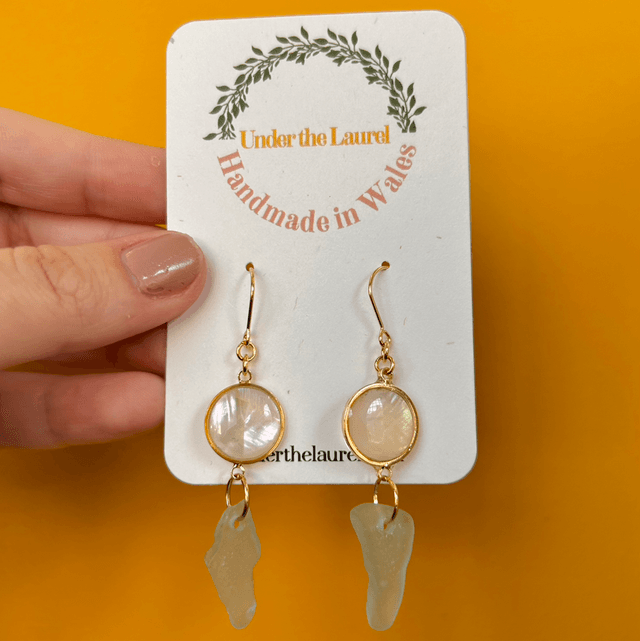 Pale Blue/Green Sea Glass Hook Earrings With Abalone Shell