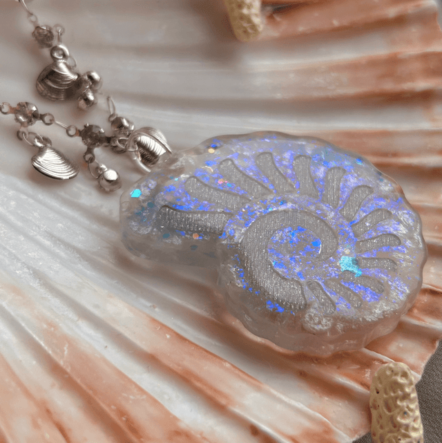 Blue/Purple and Silver Nautilus Shell Statement Necklace with Shell and Cubic Zirconia Chain