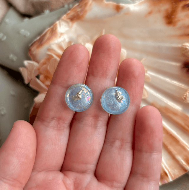 Silver Shell Circular Stud Earrings Holographic Stainless Steel 
