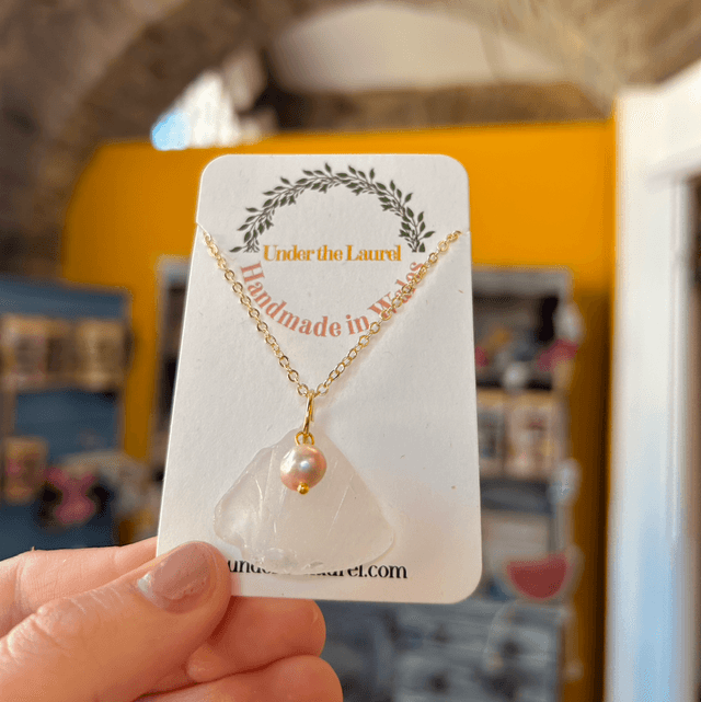 White Sea glass necklace with Pearl Gold Plated Chain