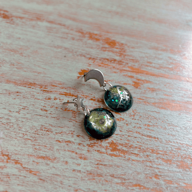 Spiderweb Mismatched Moon and Star Stud Earrings