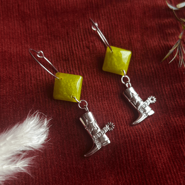 Silver and Lime Green Cowboy Boot Earrings