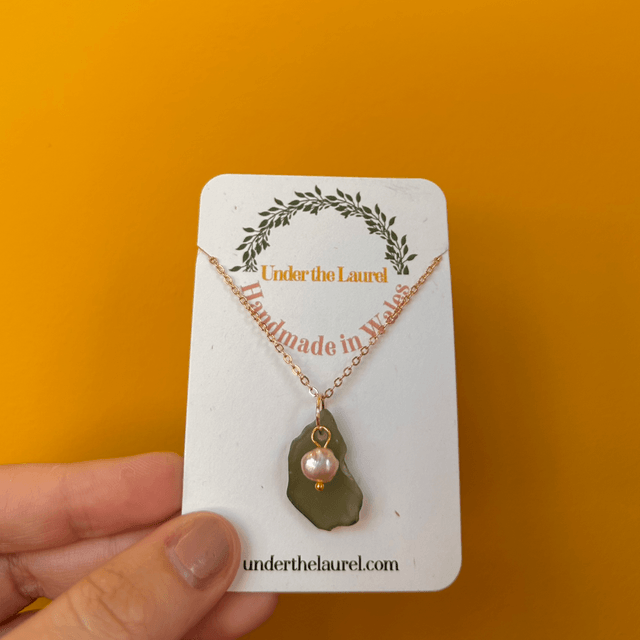 Olive Sea Glass Necklace with Pearl and Gold Plated Chain