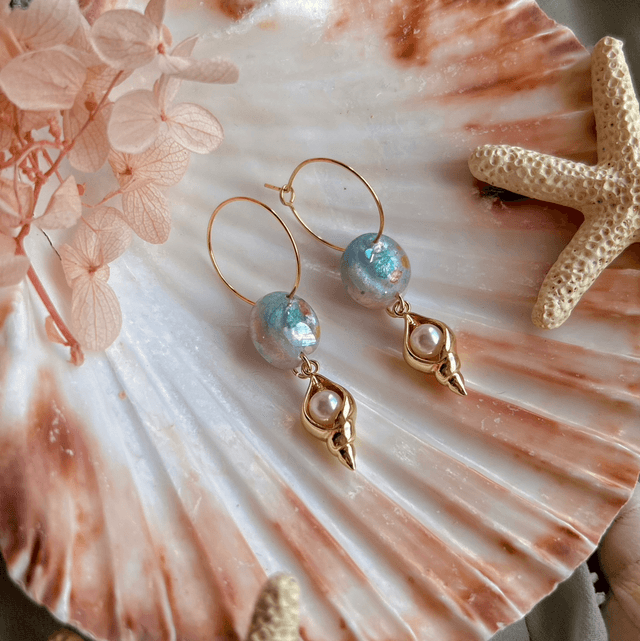 Circle Shell and Pearl Hoop Earrings Gold Plated