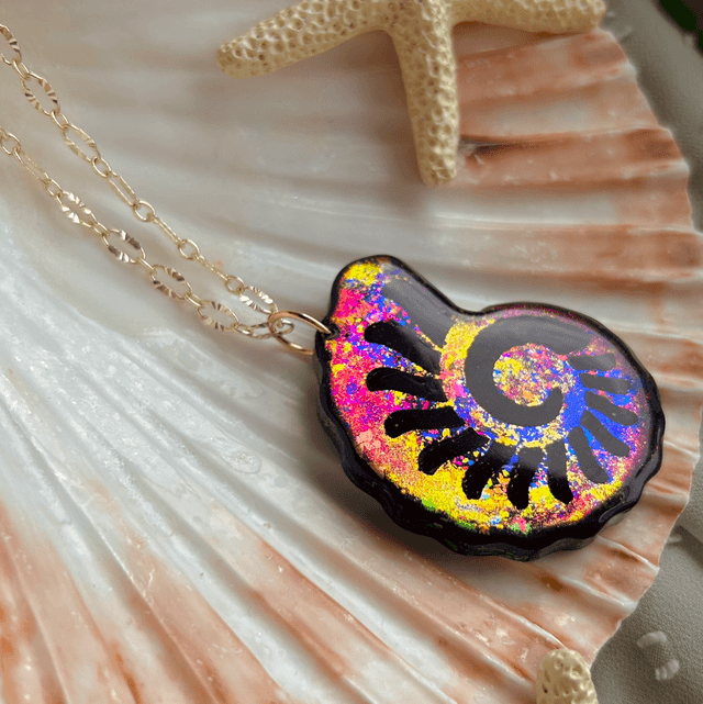 Iridescent Rainbow Nautilus Shell Statement Necklace Gold plated