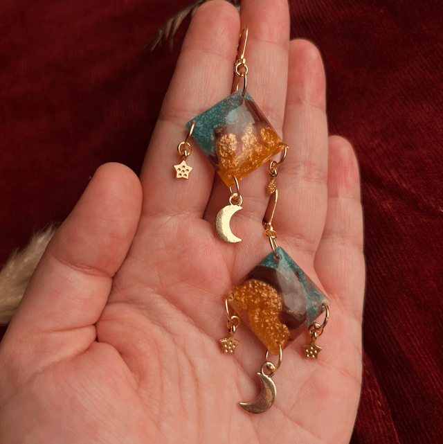 Moon and Star Celestial Diamond Shaped Earrings