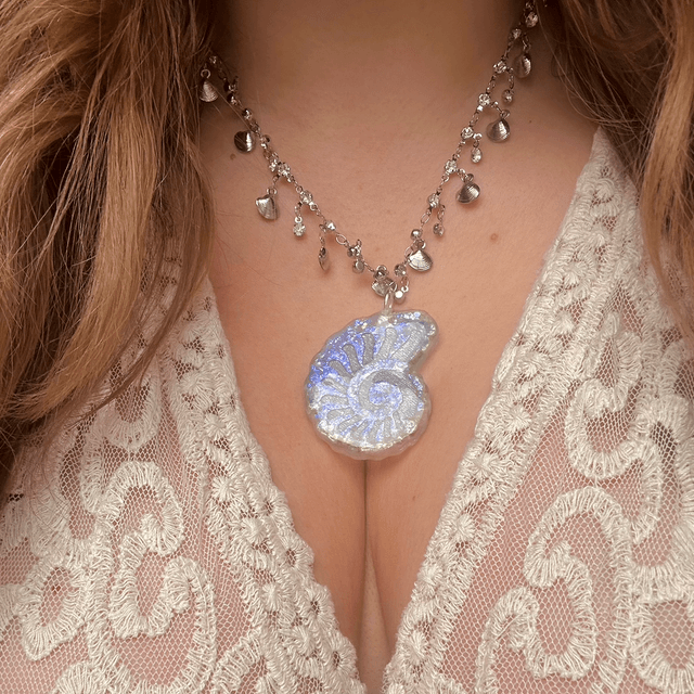 Blue/Purple and Silver Nautilus Shell Statement Necklace with Shell and Cubic Zirconia Chain