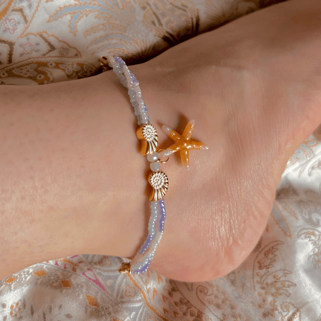 Starfish Beaded Anklet with Freshwater Pearl Gold Plated
