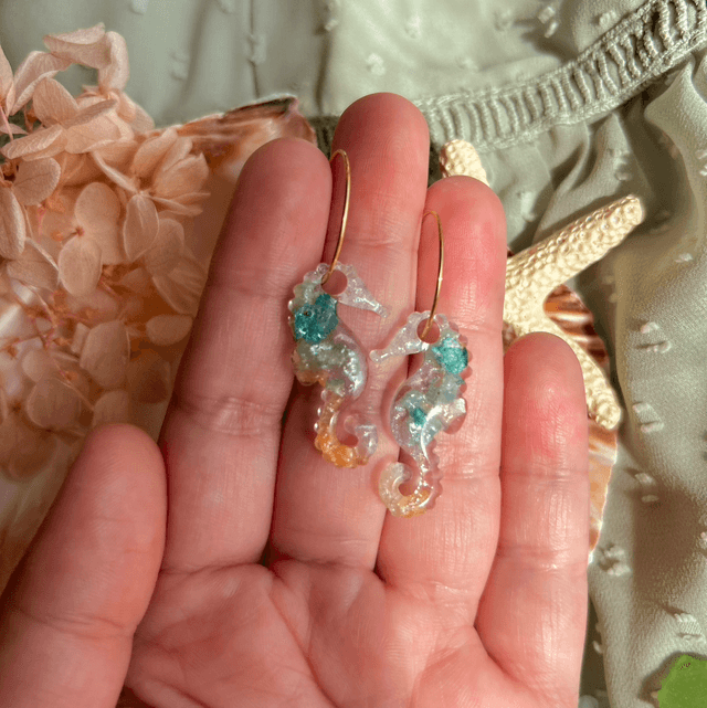 Seahorse Hoop Earrings Gold Plated Style Teal