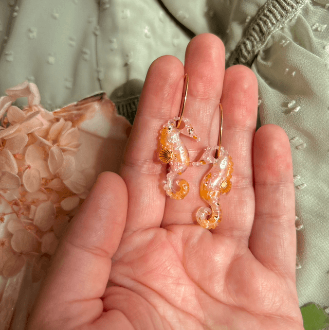 Seahorse Hoop Earrings Gold Plated Pink