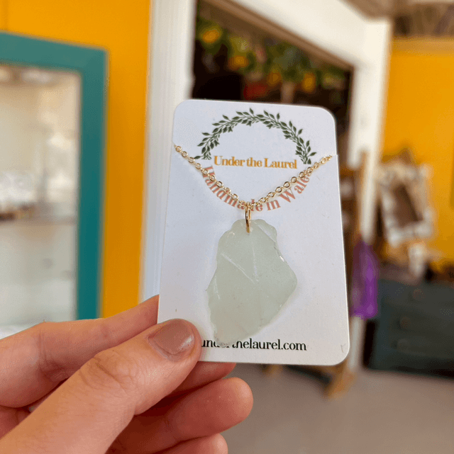 Pale Blue/Green Sea Glass Necklace Gold Plated Chain