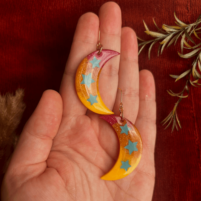 Statement Moon Earrings With Turquoise Star Details