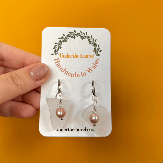 White Sea Glass Huggie Hoop Earrings with Fresh Water Pearls 