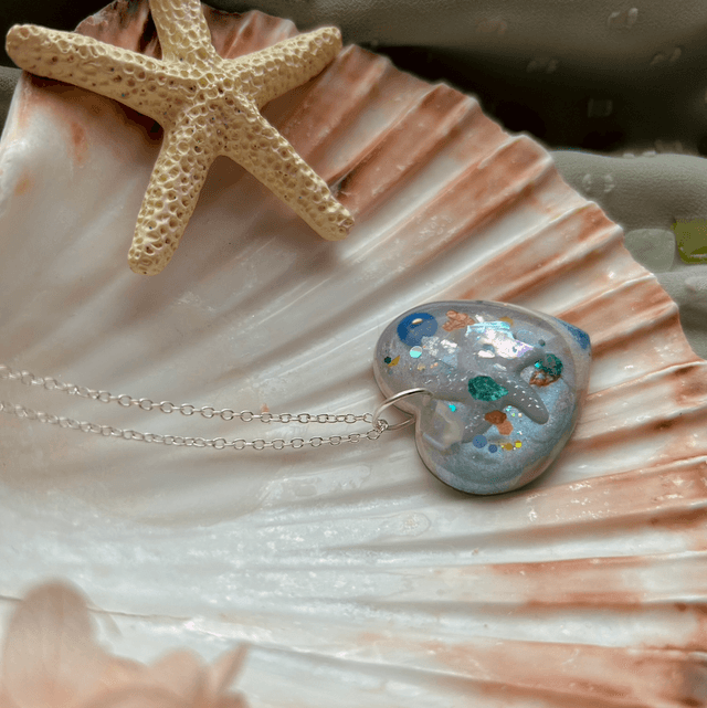 Large Heart Necklace with Starfish and Silver Plated Chain 