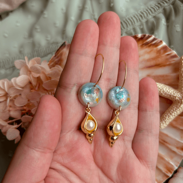 Circle Shell and Pearl Hoop Earrings Gold Plated