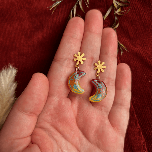 Dainty Floral Moon Earrings with Flower Studs
