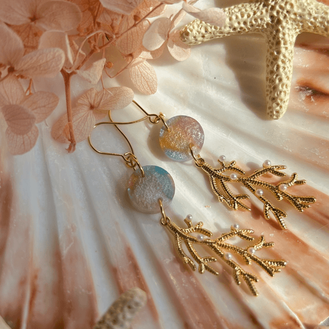 Coral Hook Earrings Holographic front Gold Plated