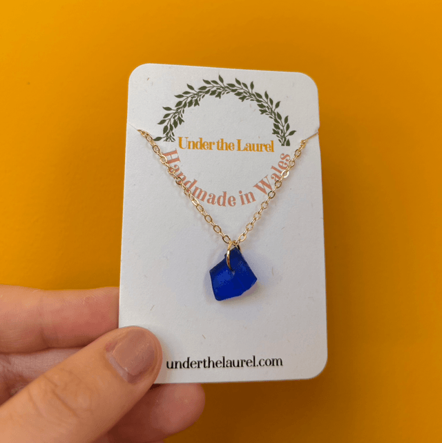 Blue Sea Glass Necklace Dainty Gold Plated Chain