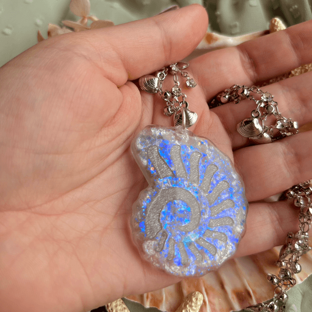 Blue/Purple and Silver Nautilus Shell Statement Necklace with Shell and Cubic Zirconia Chain