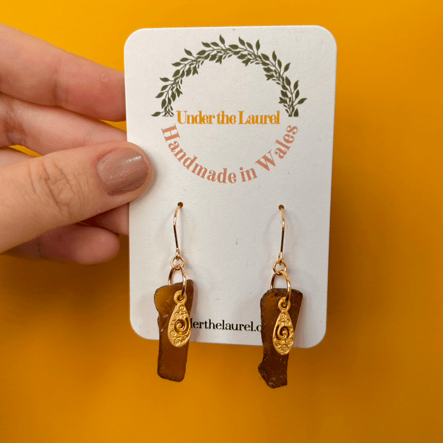Brown Sea Glass Hook Earrings with Gold Spiral Charms