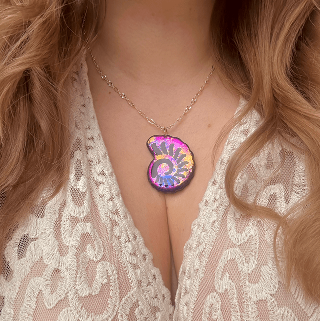 Iridescent Rainbow Nautilus Shell Statement Necklace Gold plated
