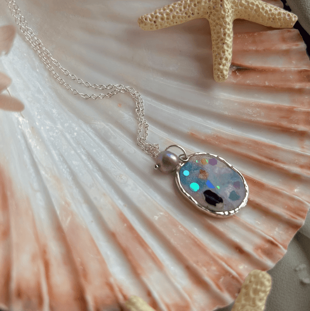 Oval Necklace with Freshwater Pearl Silver Plated Bezel