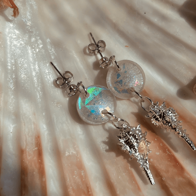 White and Iridescent Shell Stud Earrings Platinum Plated