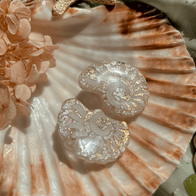 Gold and White Nautilus Shell Stud Earrings