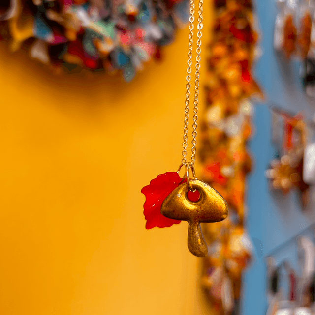 Gold Mushroom and Red Leaf Necklace