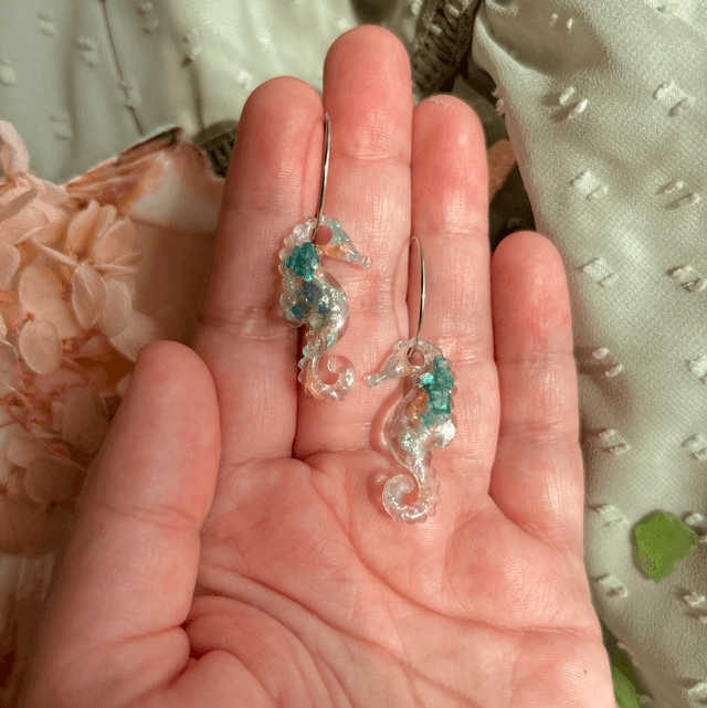 Seahorse Hoop Earrings Stainless Steel Teal
