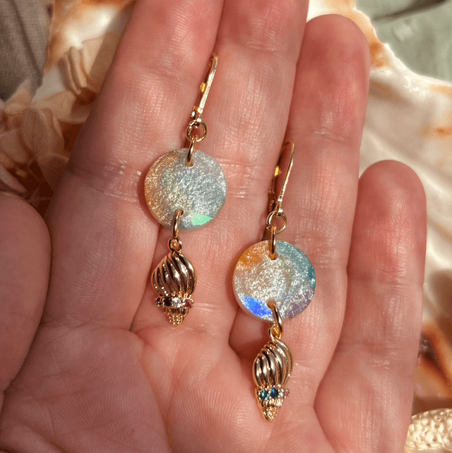 Circle and Shell Earrings with Holographic Front and Gold Plated Earring Wires